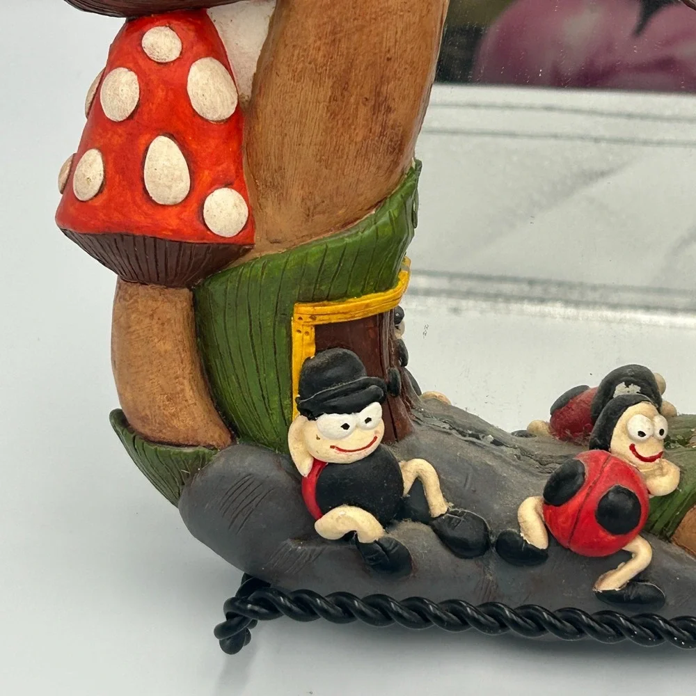 Vintage Chalkware Fairy House Mushroom Ladybug Mirror Red White Wall Juta‎ S 70s